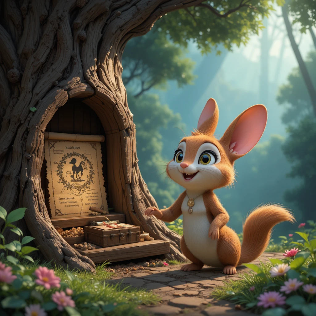 Rabbit and girl discover a wooden treasure chest in forest