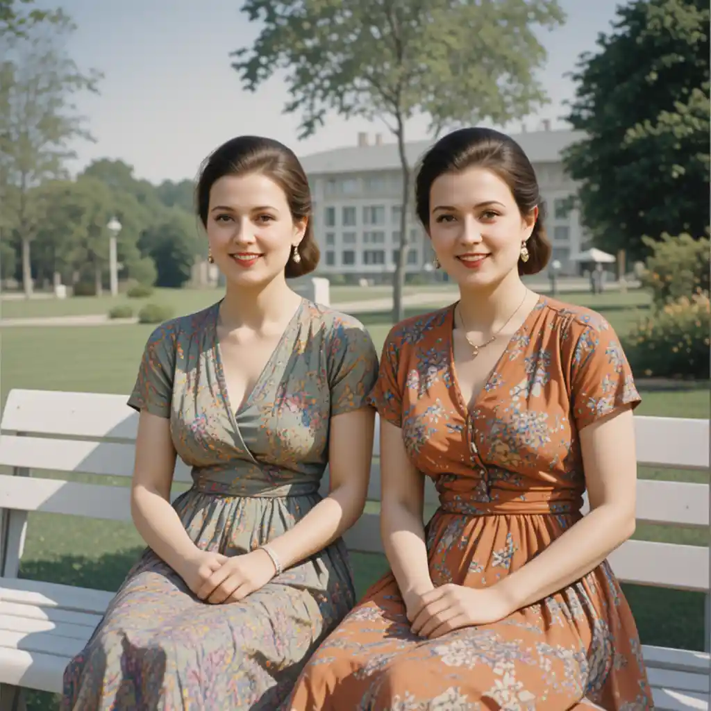 Two women on a white park bench in summer 1960s fashion