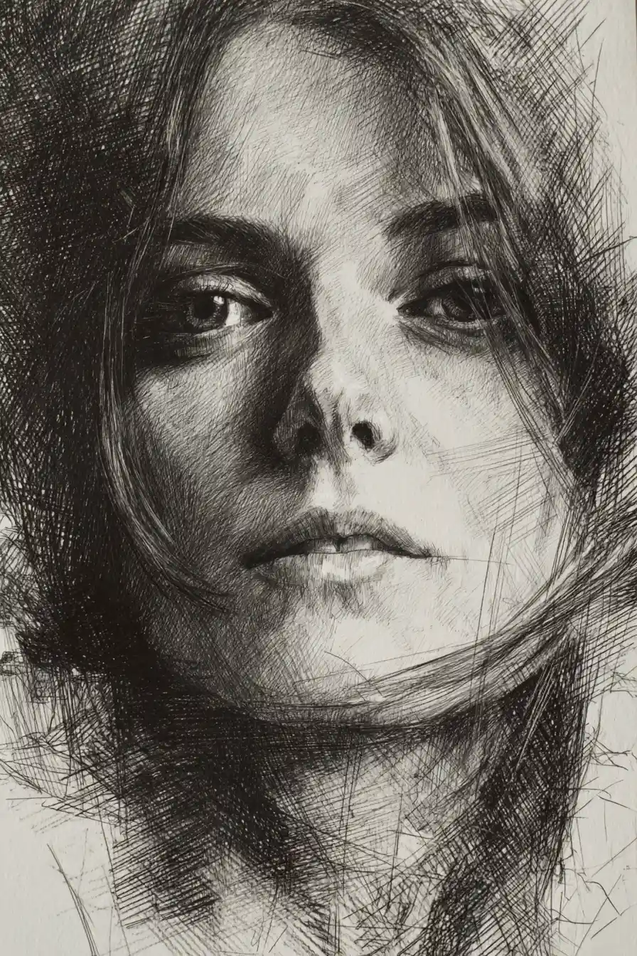 Melancholic pencil portrait in dramatic chiaroscuro close up