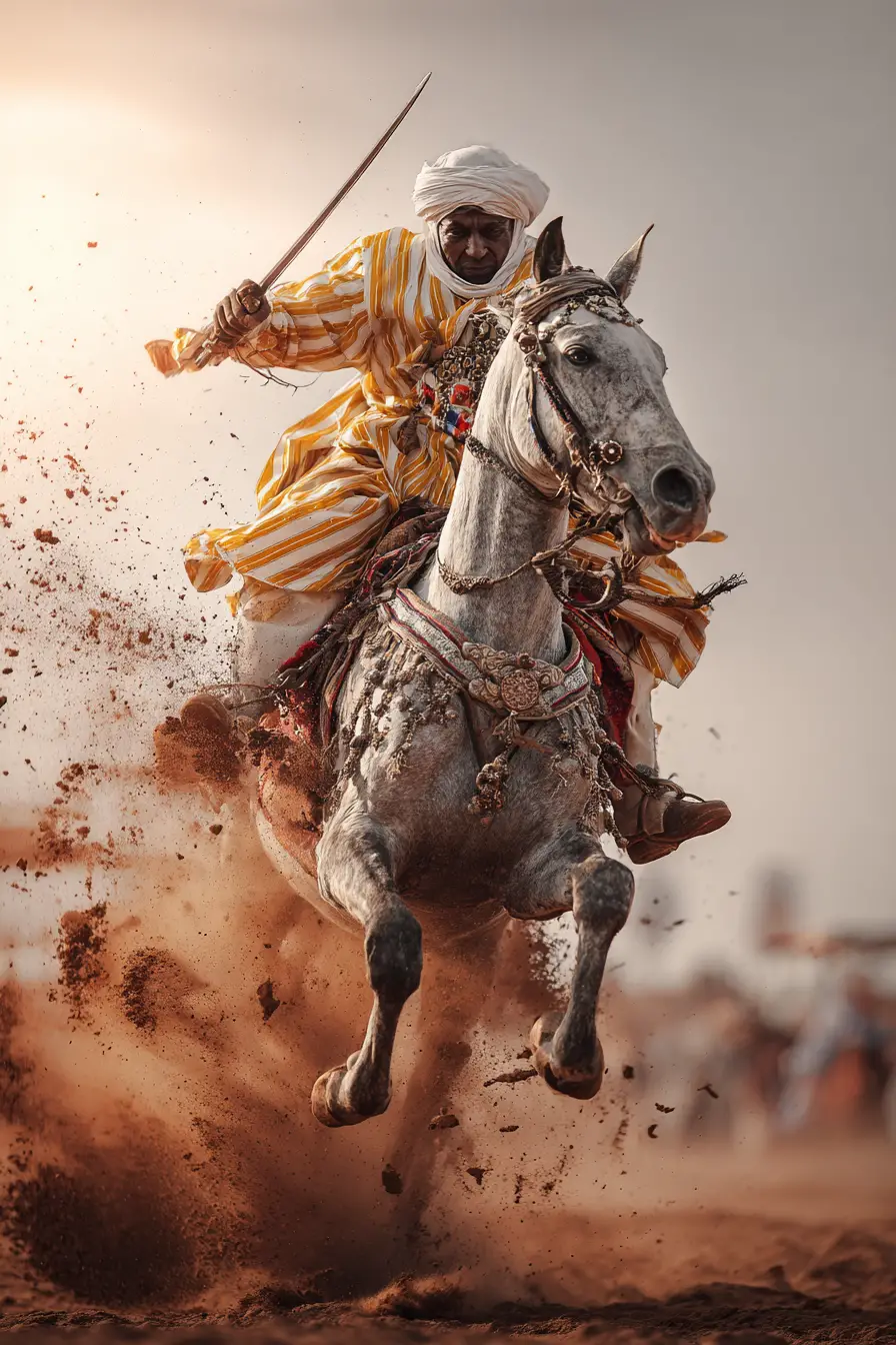 Cavaliere marocchino all’assalto in una spettacolare fantasia polverosa