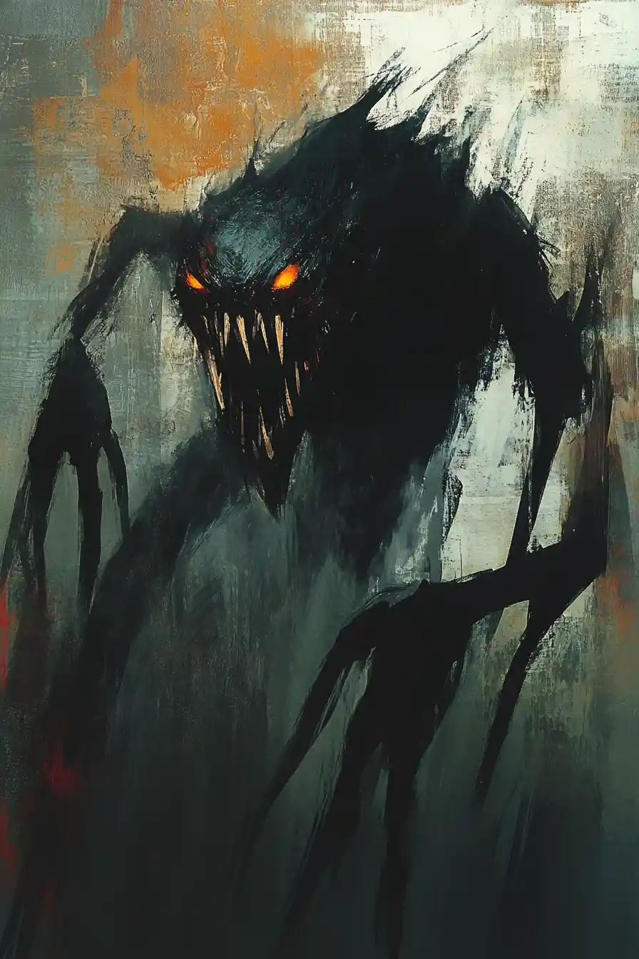 Surreal demonic woman with fangs in fiery cinematic light