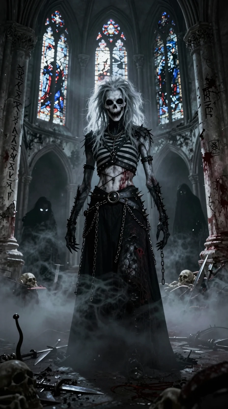 Gothic figure in ruined cathedral under cold moonlight
