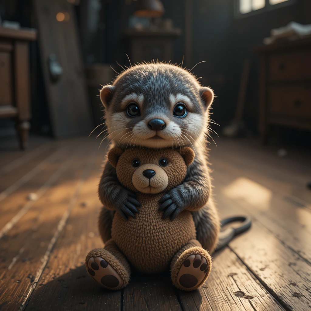 Baby otter hugging a teddy bear on a warm wooden floor