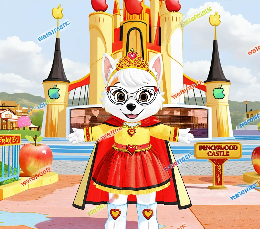 Dog mascot princess standing in front of a fantasy castle