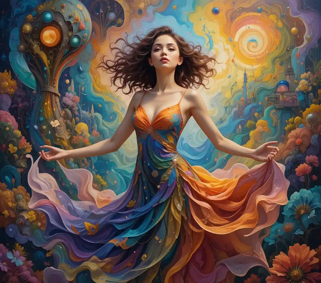 Vibrant woman in a swirling abstract dreamlike landscape