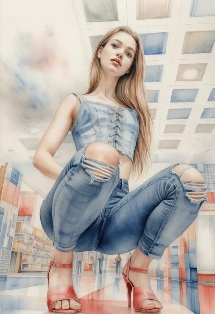 Young woman crouching in a mall from a low angle