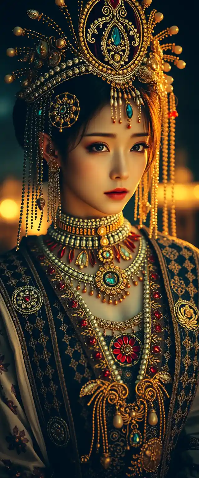 Regal woman in ornate traditional attire at sunset