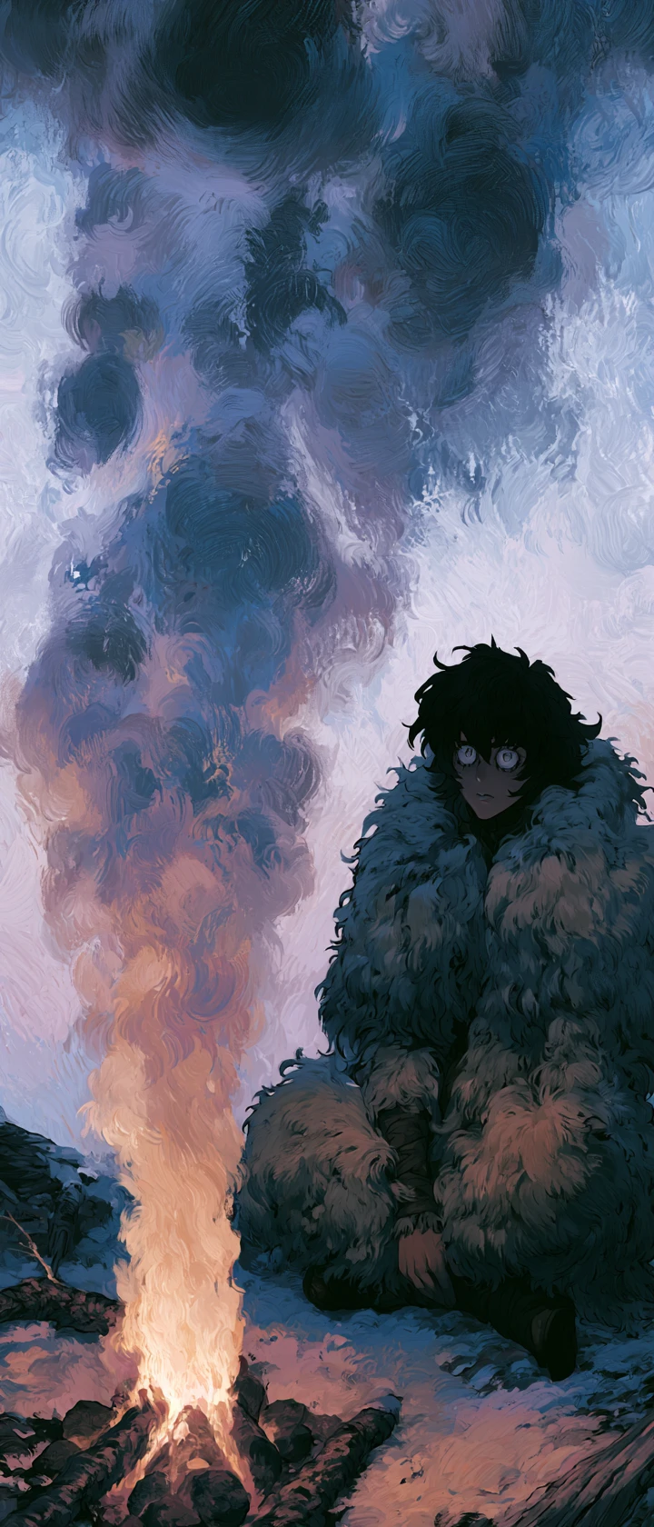 Anime seer in furs gazing into a smoking campfire vision