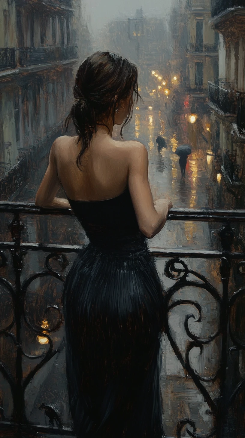 Femme sur un balcon surplombant une rue européenne sous la pluie
