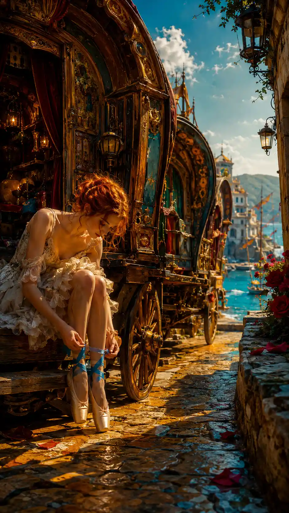 Ballet dancer beside ornate caravans in a coastal alley