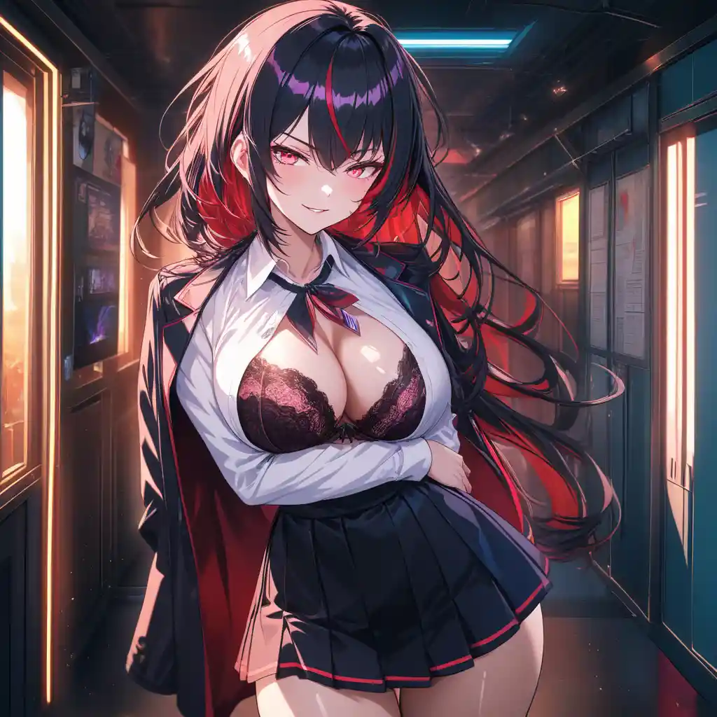 Seductive anime bad girl in a school hallway