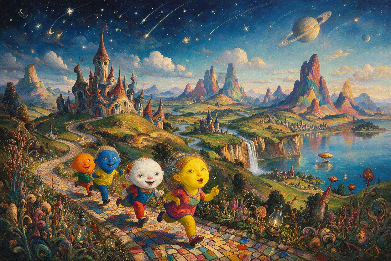 Cheerful surreal woman traveling through a dreamlike landscape