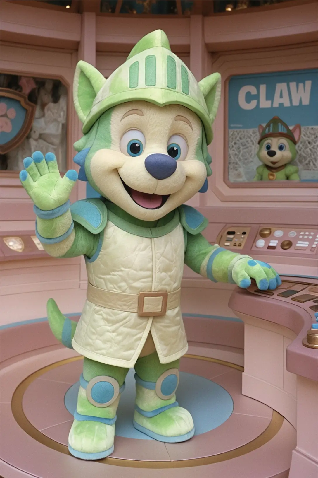 Photo portrait of a single mascot character in camera view