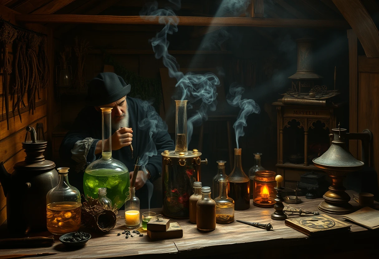 Renaissance scholar distilling alchemical liquids in warm shadowy light