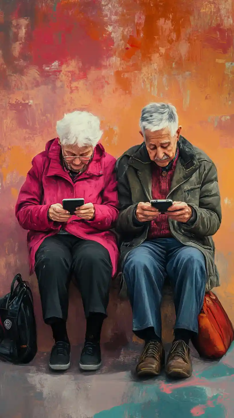 Elderly couple quietly sharing a moment on smartphones