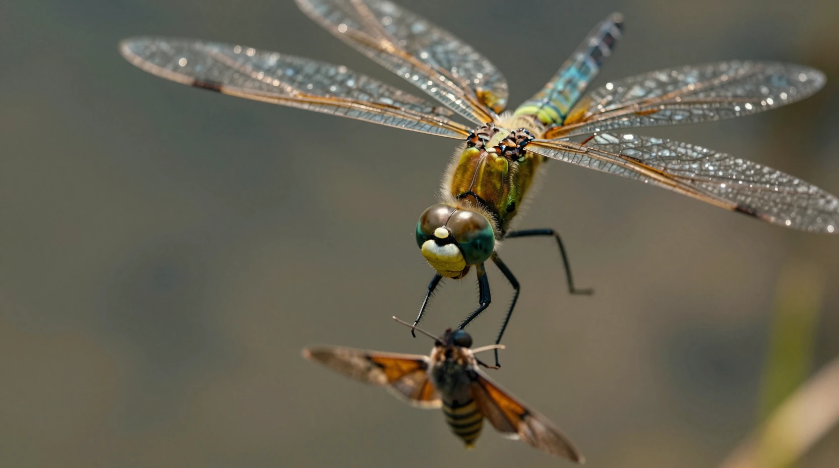 Top down macro view of a dragonfly chasing prey
