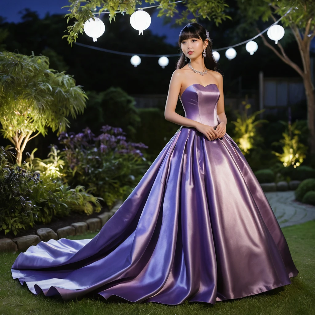 Elegant japanese girl in purple satin gown at night