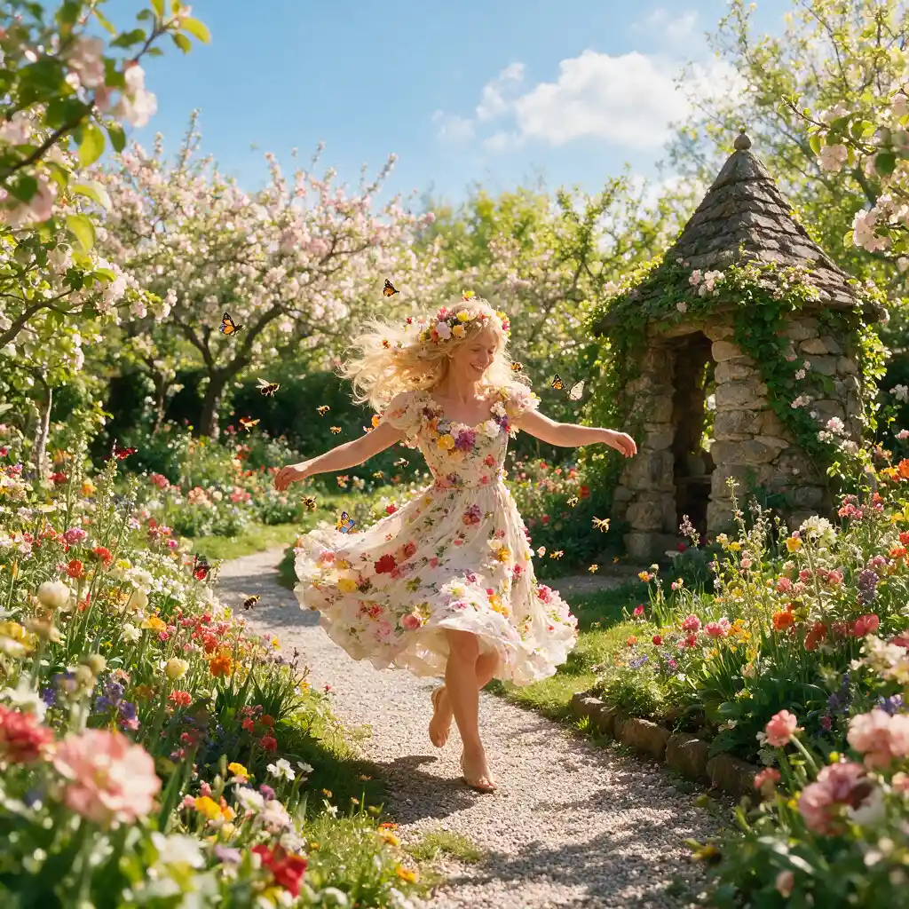 Woman dancing in a flower filled garden with floral dress