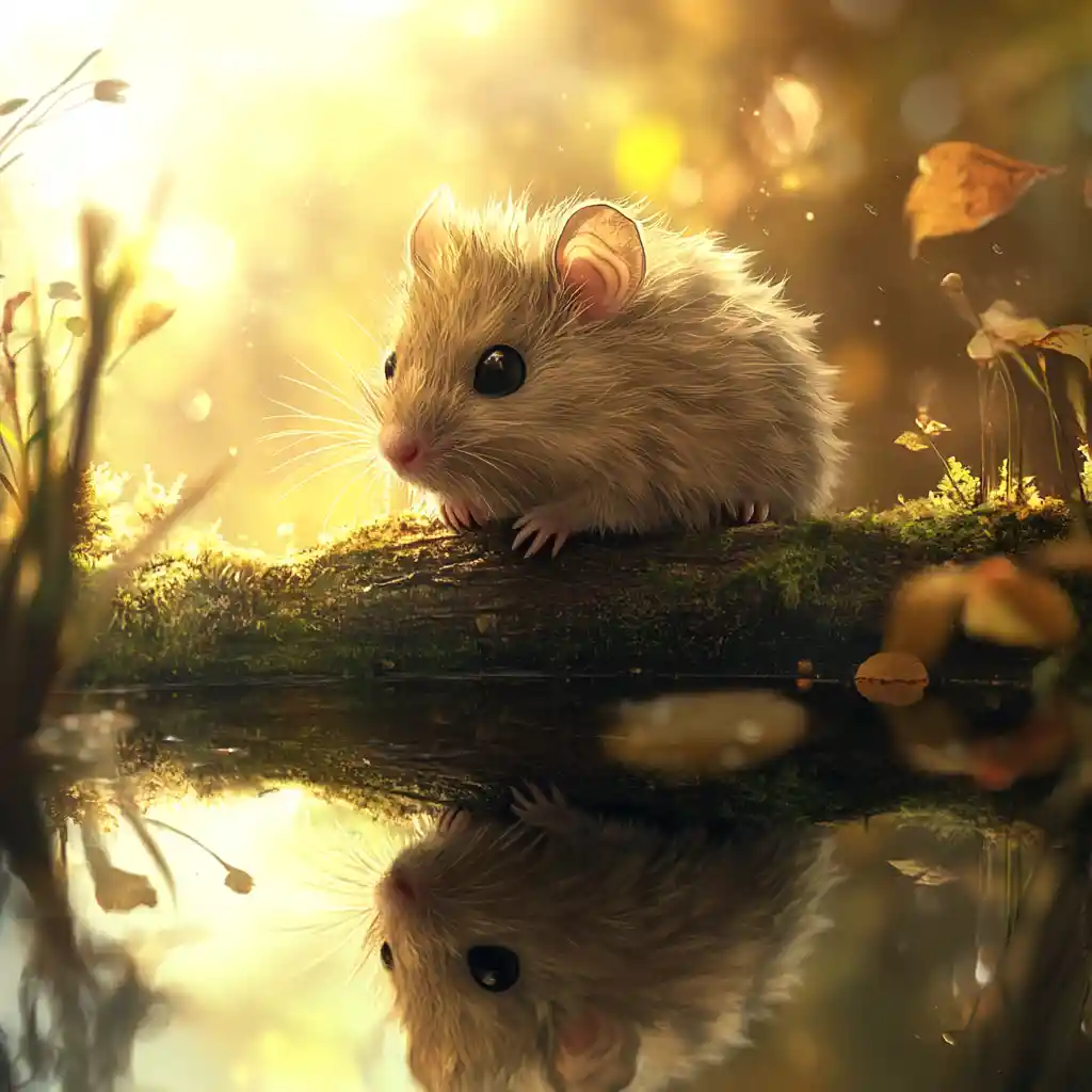 Brown rat resting on mossy log above reflective pond