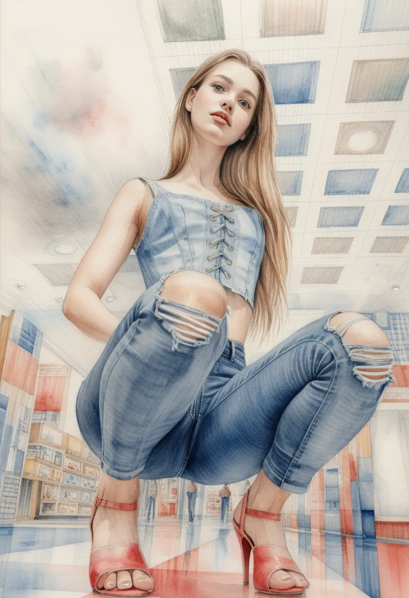 Young woman crouching in a mall from a low angle