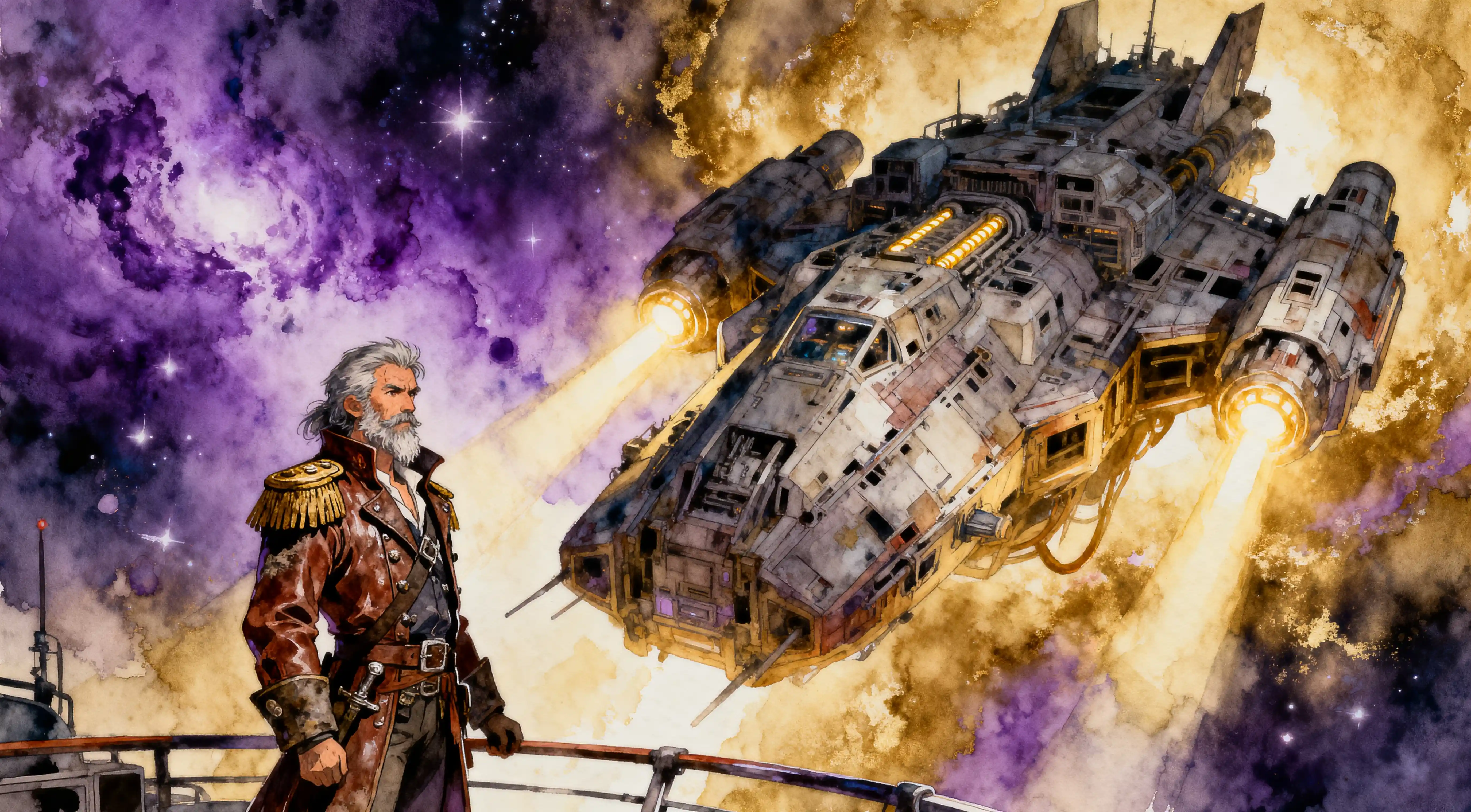 A weathered space pirate captain before a colossal starship