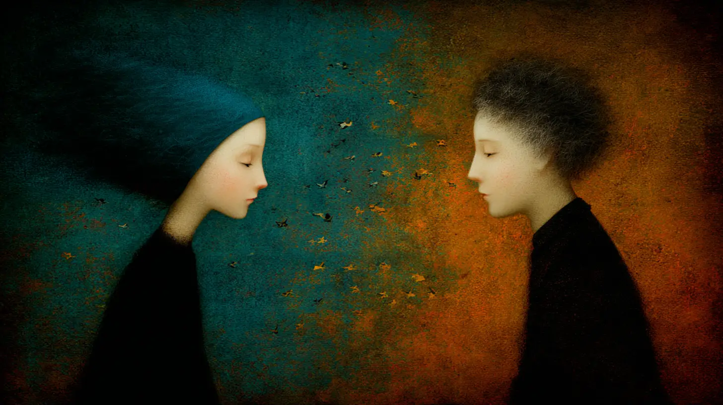Surreal figure in despair within a dark abstract space