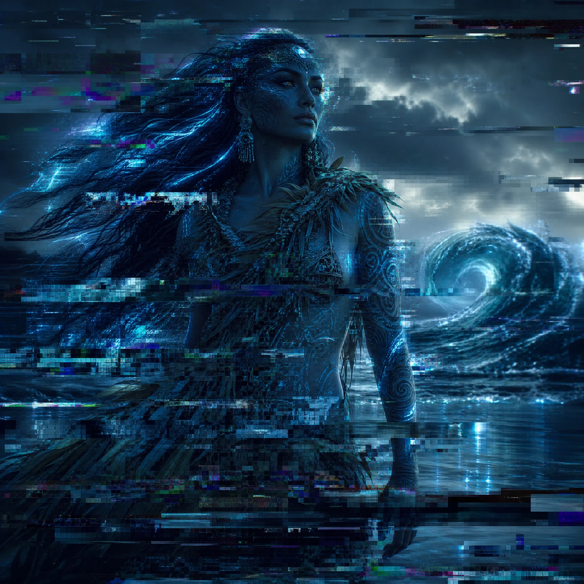 Mystical ocean guardian woman standing on glowing shoreline