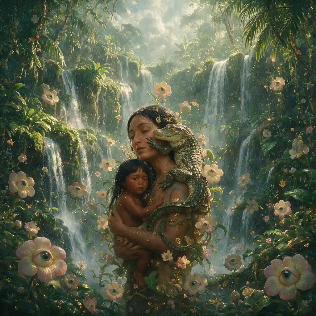 Surreal portrait of a native girl in a floral waterfall