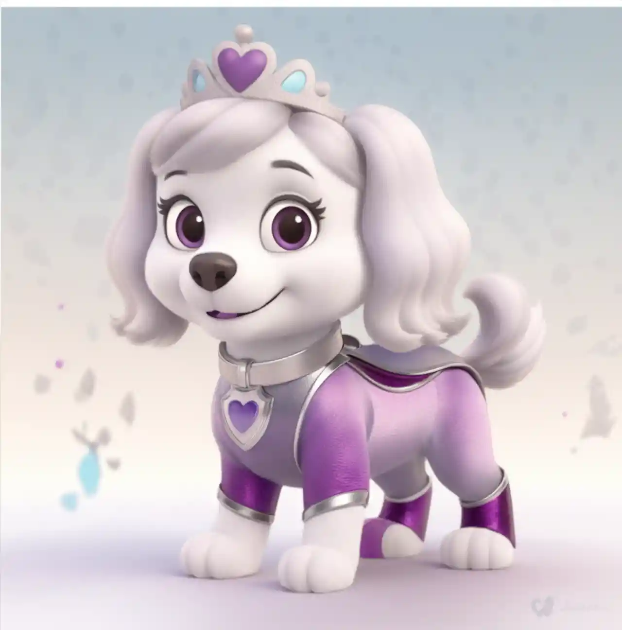 Dog mascot princess posing at a colorful fantasy castle