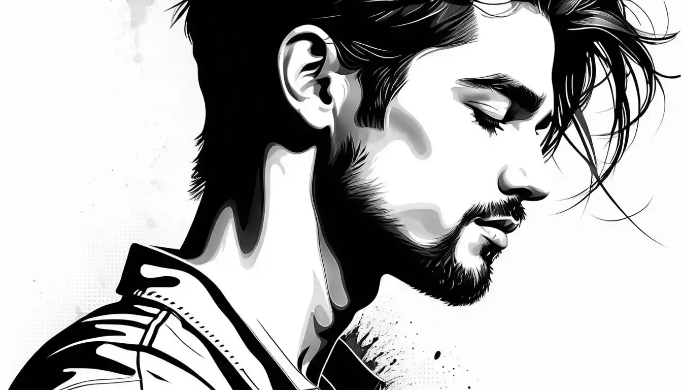 Monochrome close up profile portrait of a serene young man