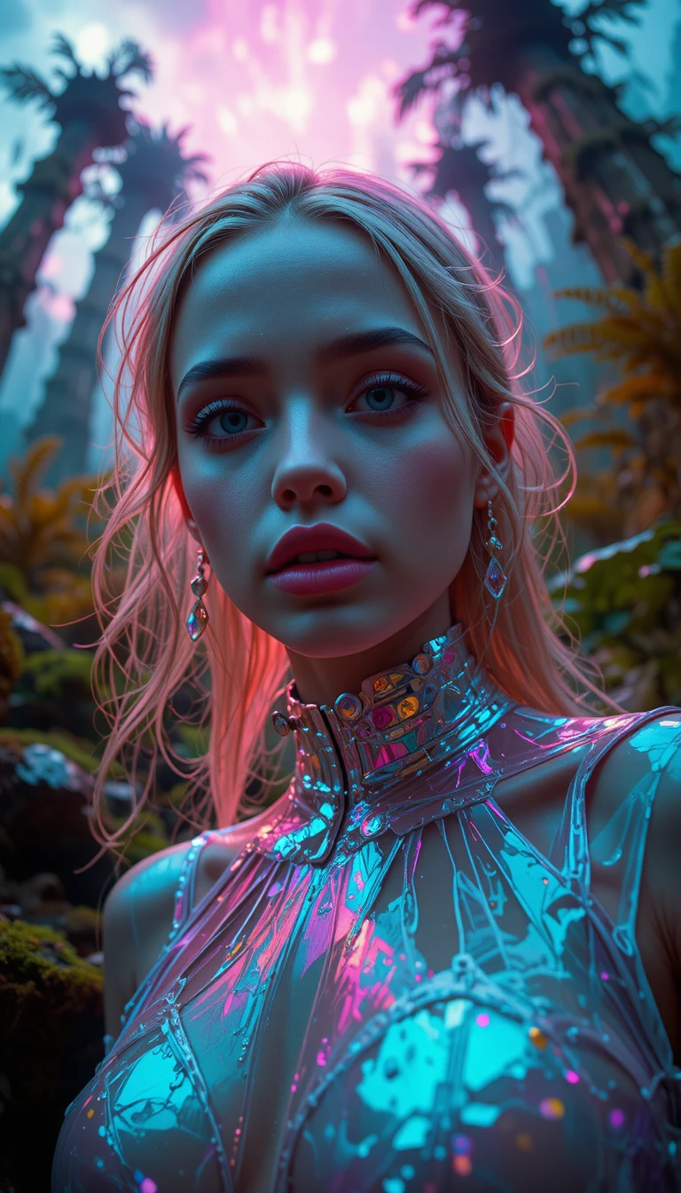 Low angle portrait of emo girl in futuristic jungle