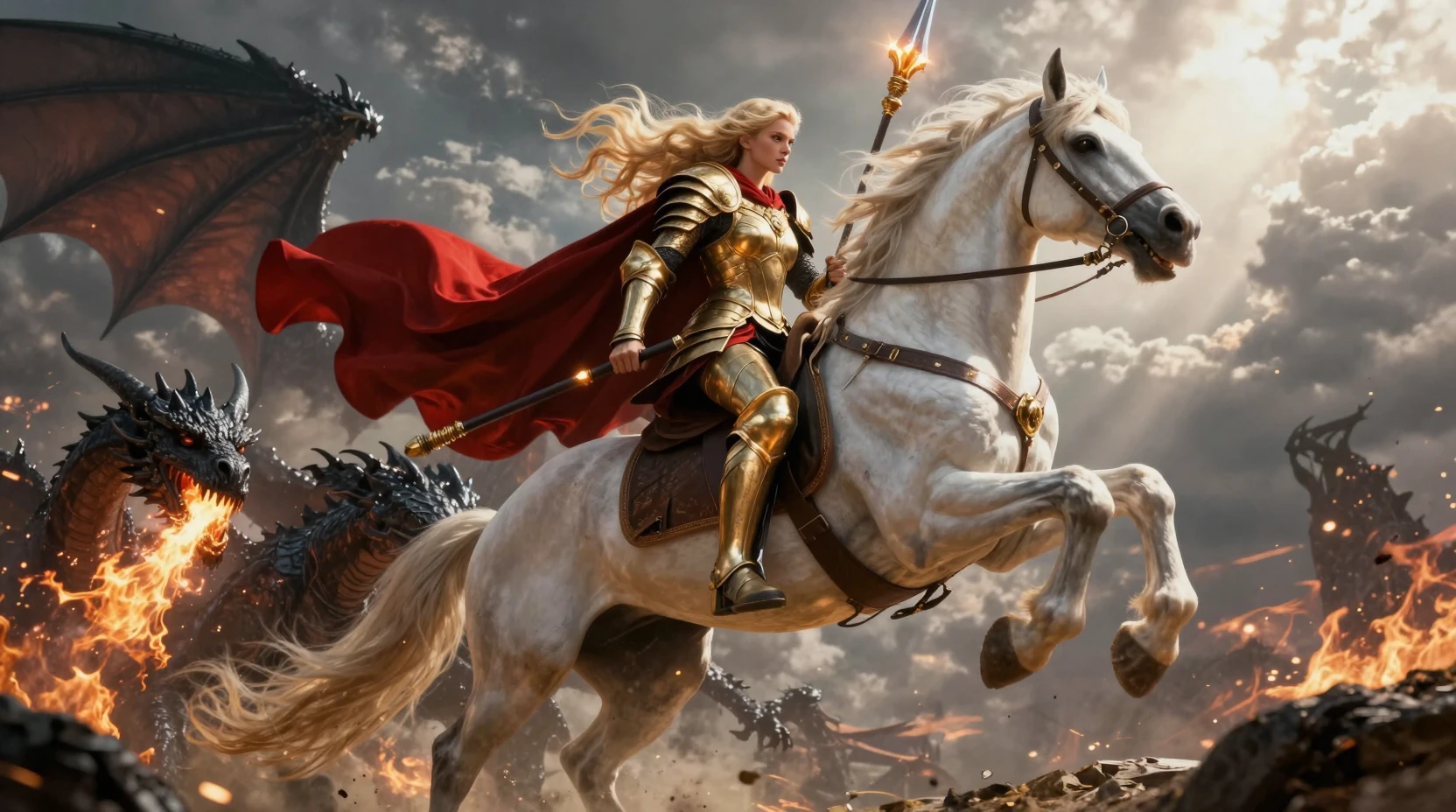 Golden armored warrior charging a rearing white horse