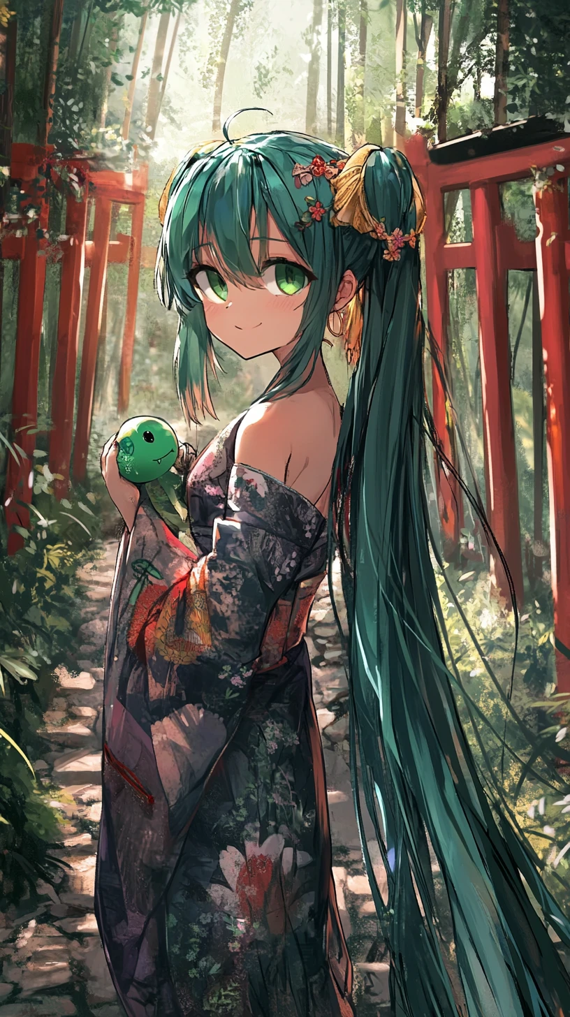 Dragon horn anime girl in a bamboo forest shrine