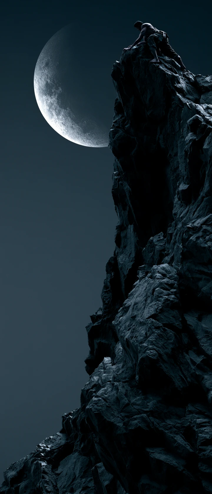Anime climber scaling a dark mountain under eclipsed moon