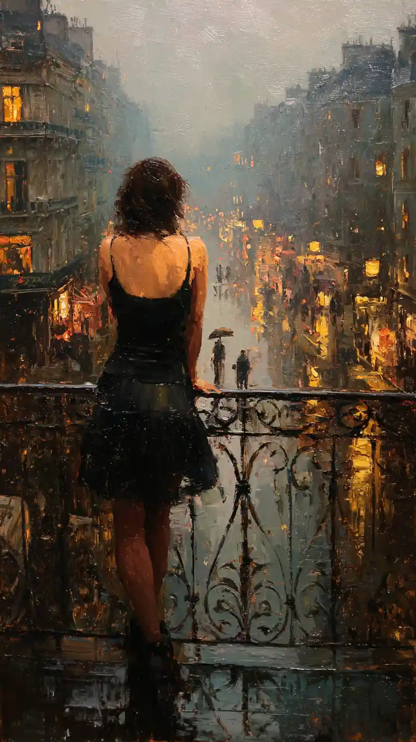 Woman on balcony overlooking rainy european city street