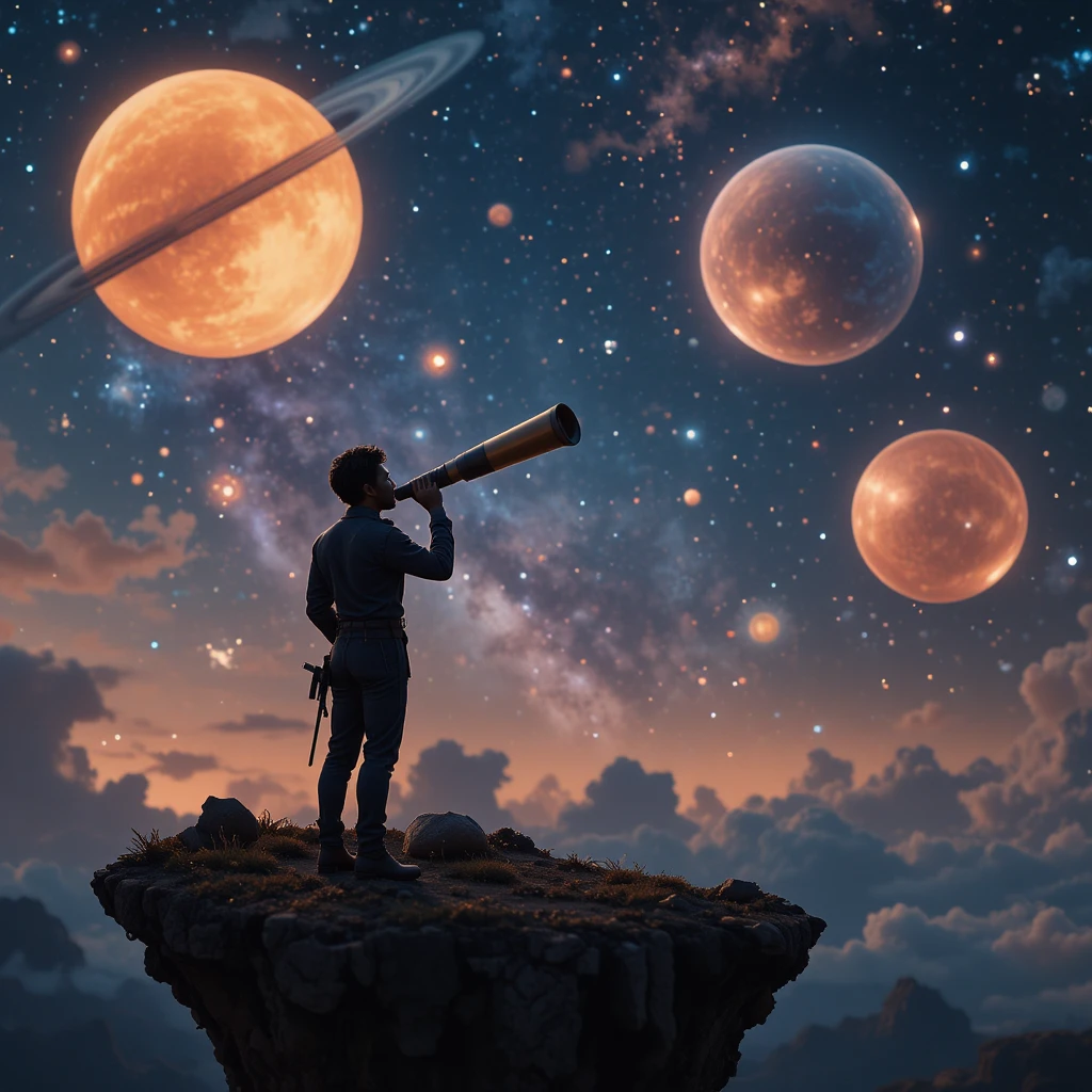 Silhouette astronomer watching glowing planets from floating island
