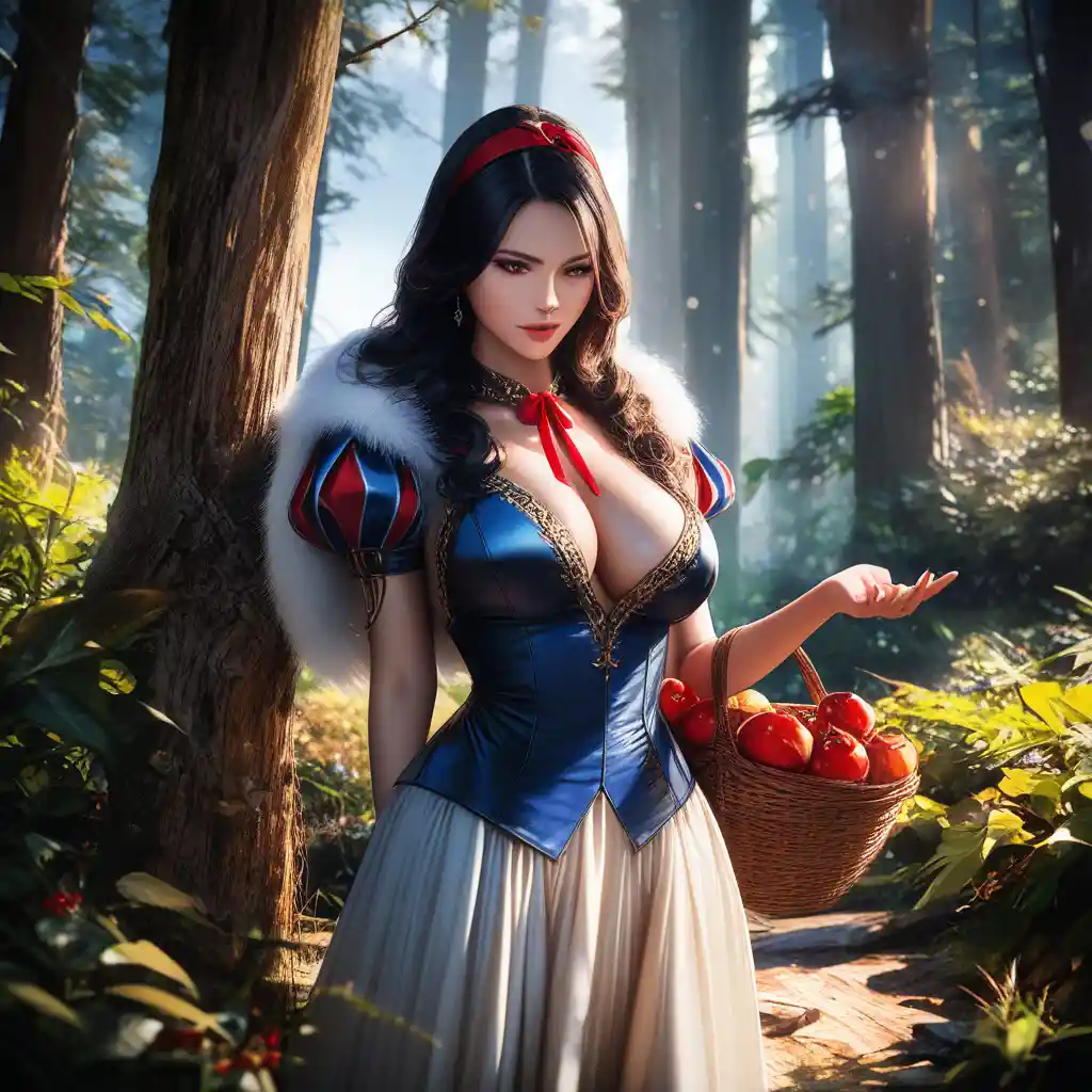 Seductive woman in short fairytale dress holding red apple