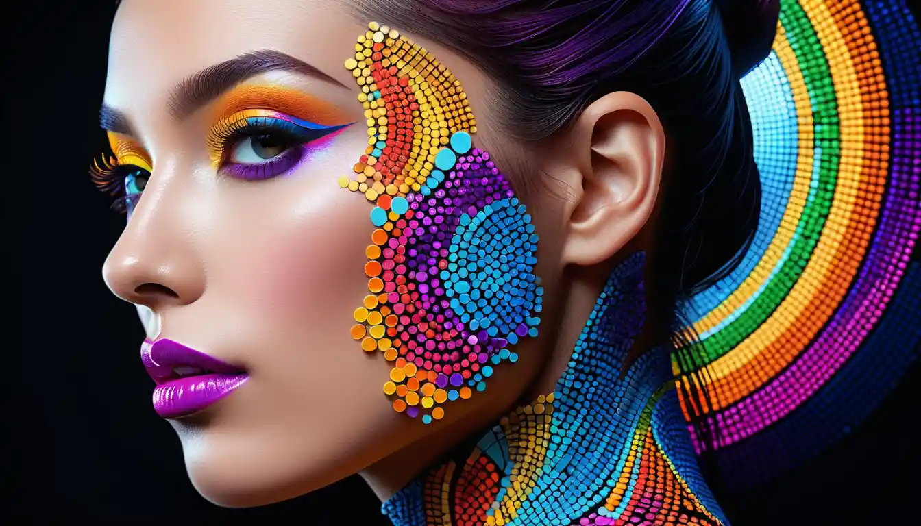 Futuristic mosaic woman portrait in vivid side profile