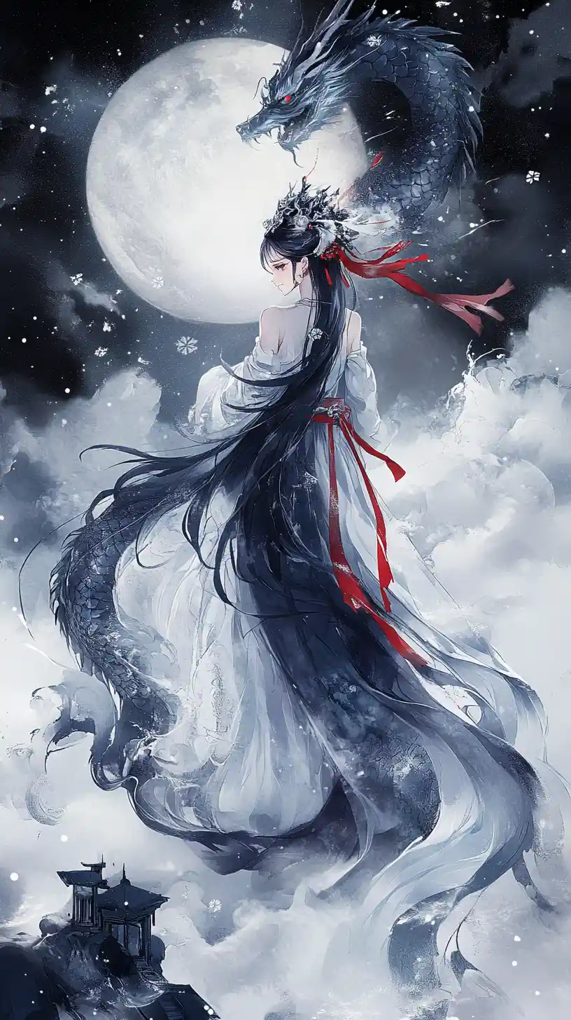 Anime girl beneath a dragon in a moonlit sky