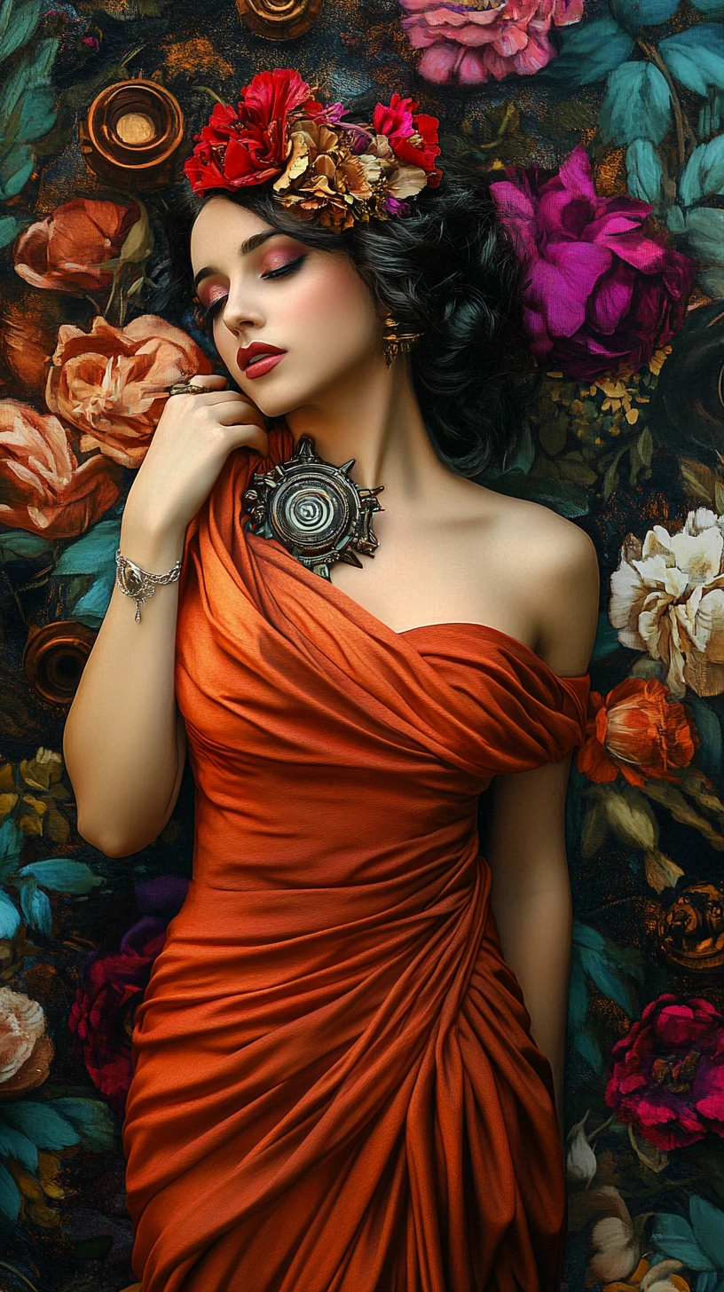 Beautiful fantasy woman in a draped halter gown with flowers