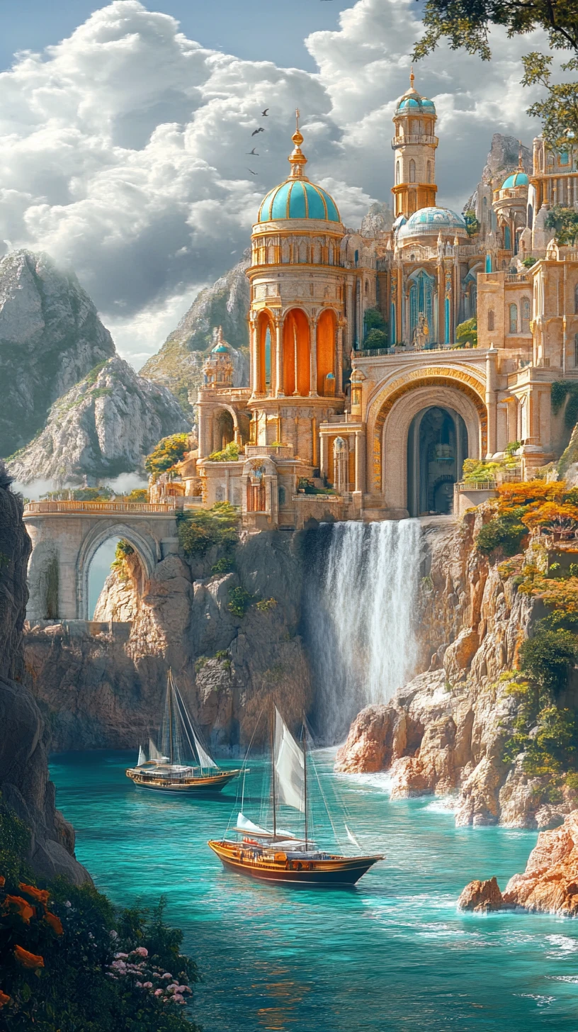Fairytale coastal park with domes and cascading waterfalls