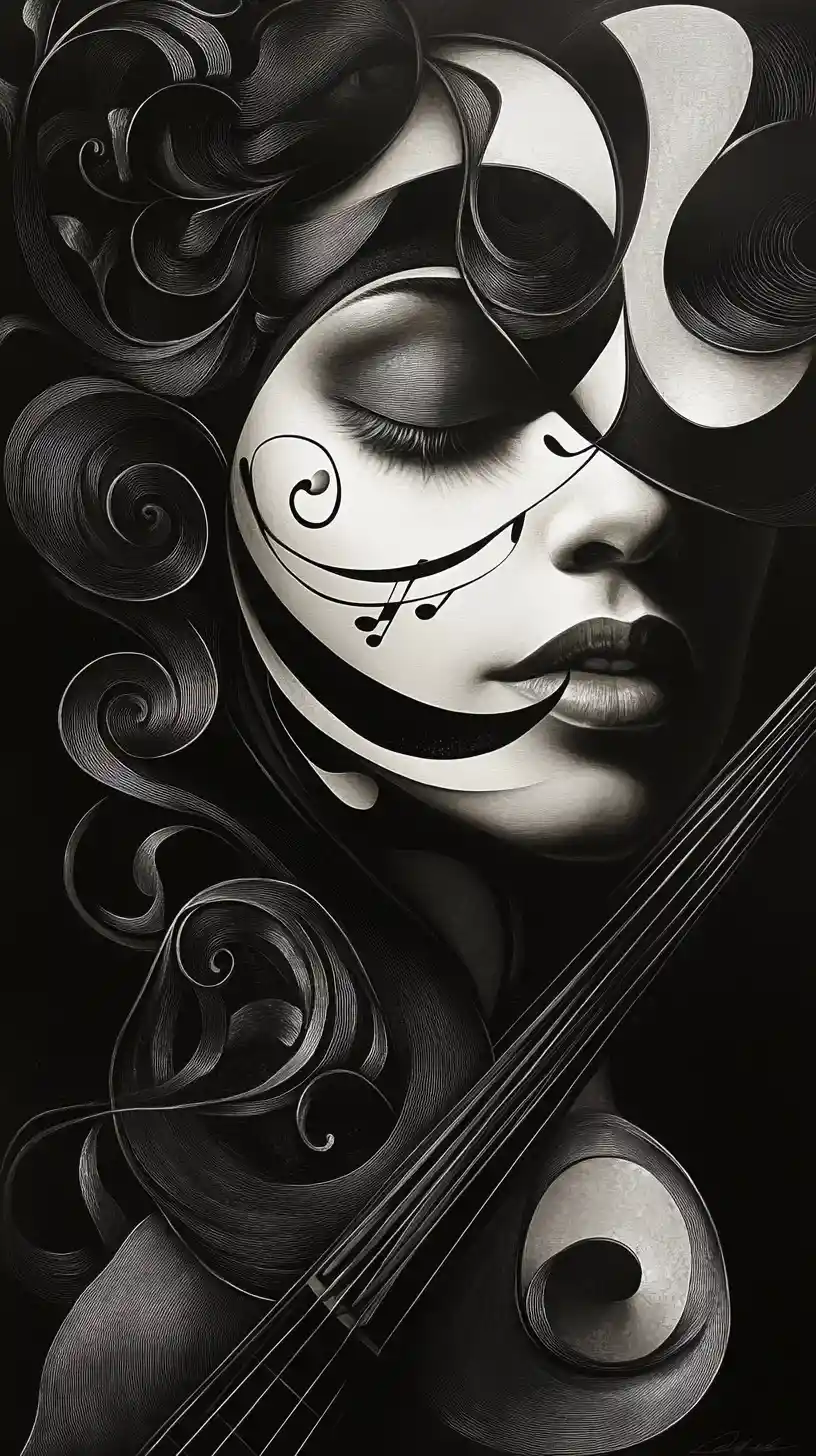 Surreal portrait shaped from violins pianos and brass instruments