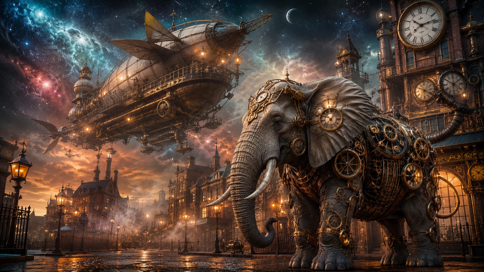Steampunk Elephant On Victorian Street At Twilight