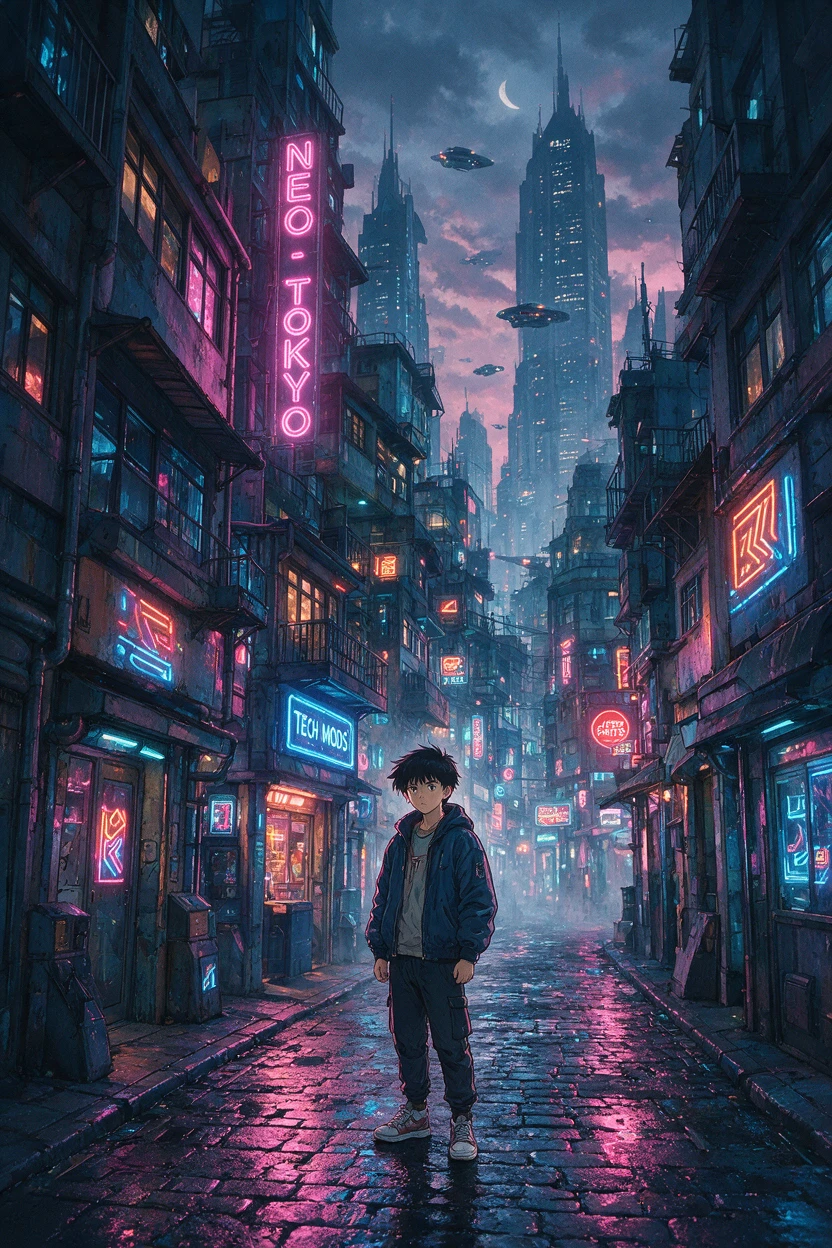 Anime boy in a neon futuristic city with cyberpunk energy