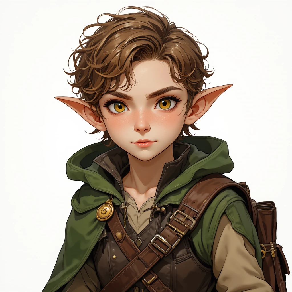 Curly haired halfling girl in green cloak with satchel