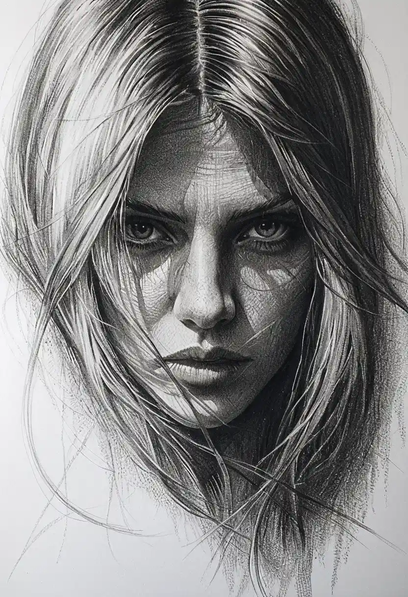 Melancholic pencil portrait with dramatic chiaroscuro shadows