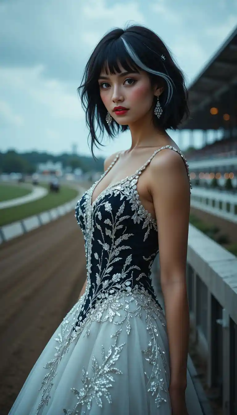Elegant woman in gown by horse race track