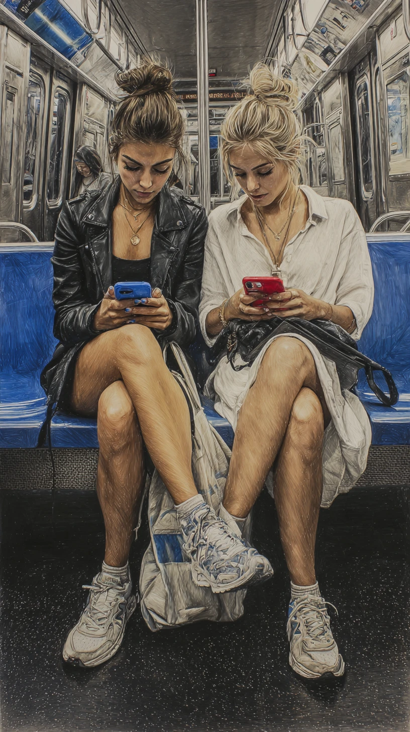 Two young women on a Paris metro absorbed in their phones