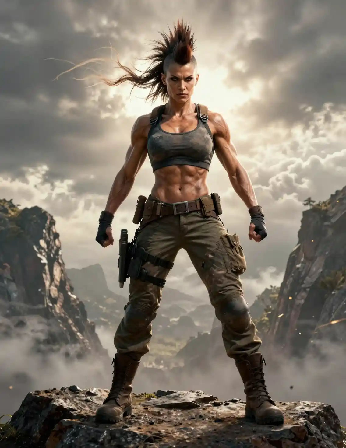 Fierce female warrior standing on a windy rocky cliff