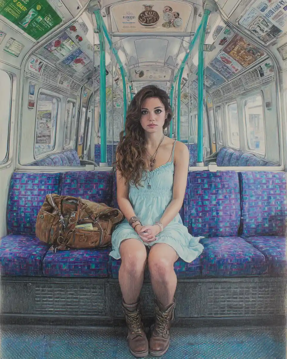 Young woman on London Underground seat facing the viewer